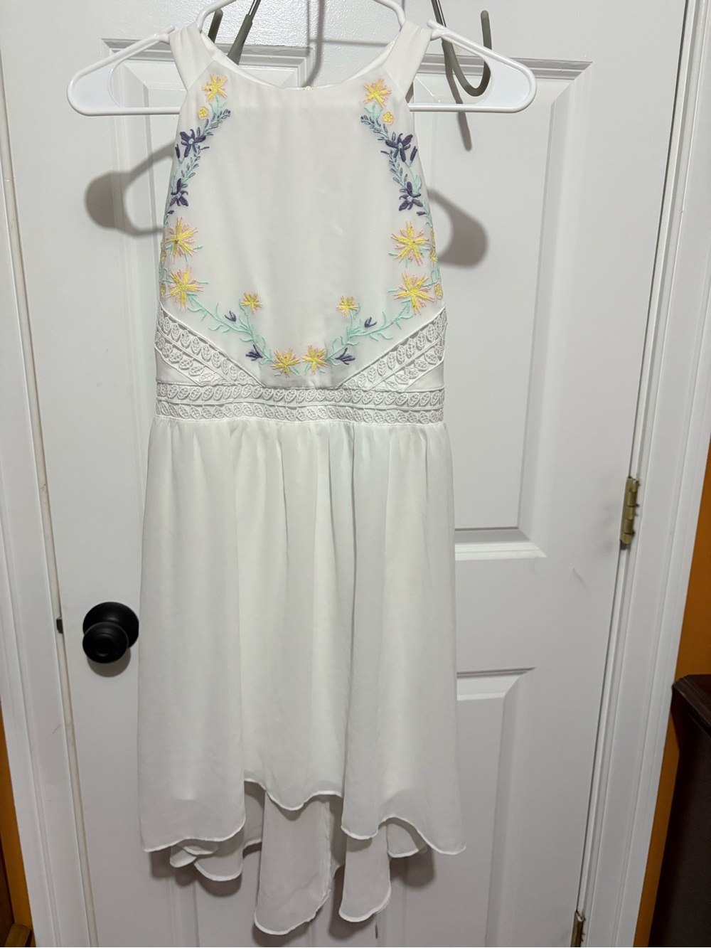 Iz Byer White High-Low Dress with Yellow & Purple Floral Embroidery